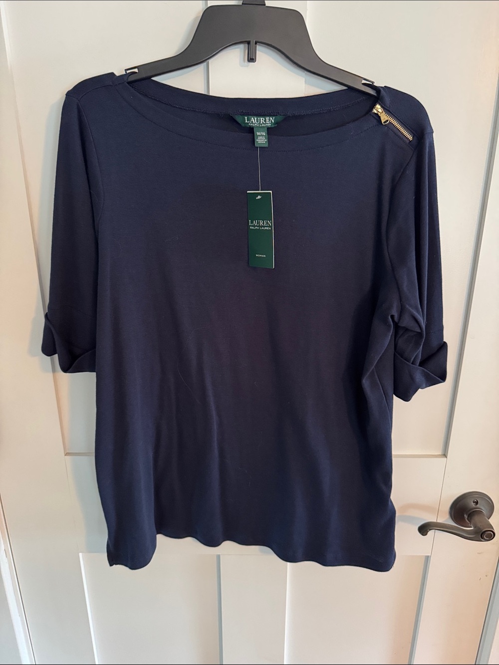 Lauren Ralph Lauren Navy Short-Sleeve Top with Shoulder Zip